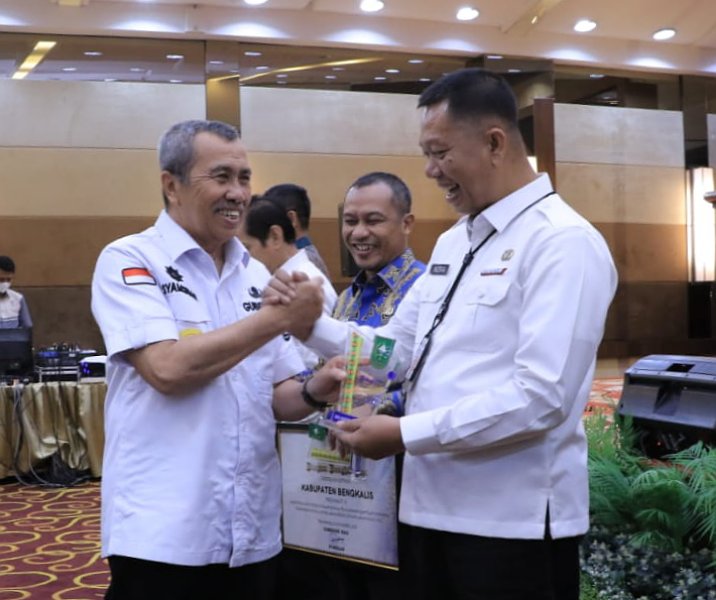 Gubri Syamsuar menyerahkan penghargaan kepada Plt Sekdako Indra Pomi Nasution atas prestasi kedua Pekanbaru dalam kemitraan di bidang penanaman modal antara usaha besar dengan UMKM di Gedung Dang Merdu, Rabu (23/11/2022). Foto: Istimewa.