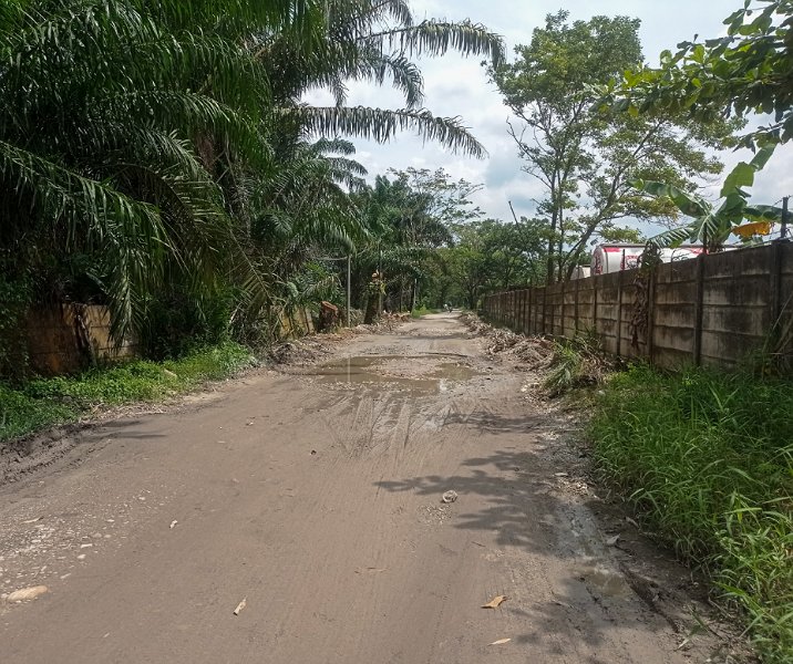 Jalan Payung Sekaki, akses ke Kantor Kecamatan Payung Sekaki, yang hancur dilalui truk bertonase besar. Foto: Surya/Riau1.