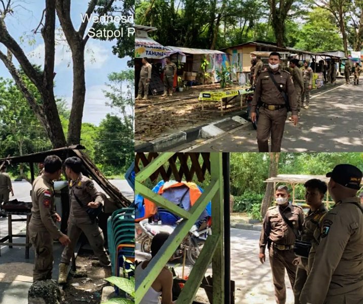 Satpol PP Pekanbaru saat merazia bangunan PKL di seputar kawasan Purna MTQ, Rabu (15/3/2023). Foto: Istimewa.