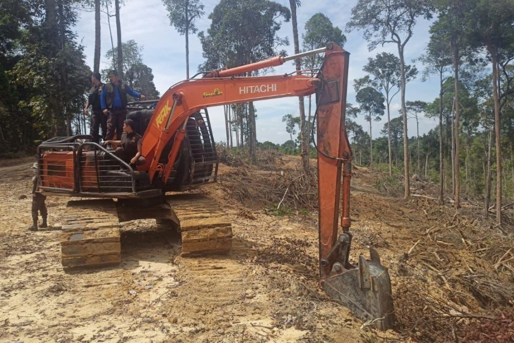 Alat berat yang digunakan saat perambahan hutan di Desa Sahilan Kampar