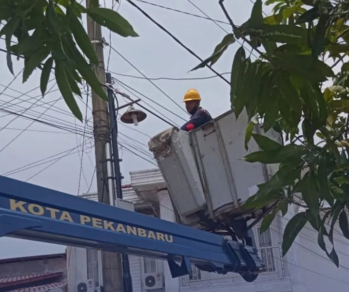 Petugas Dishub saat memperbaiki PJU di kawasan perumahan. Foto: Istimewa.