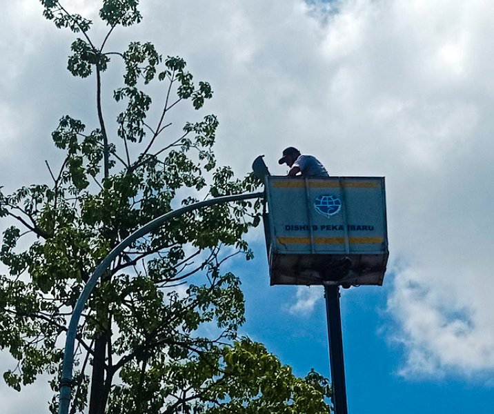 Petugas Dishub Pekanbaru saat mengganti bola lampu PJU di Jalan Pepaya. Foto: Surya/Riau1.