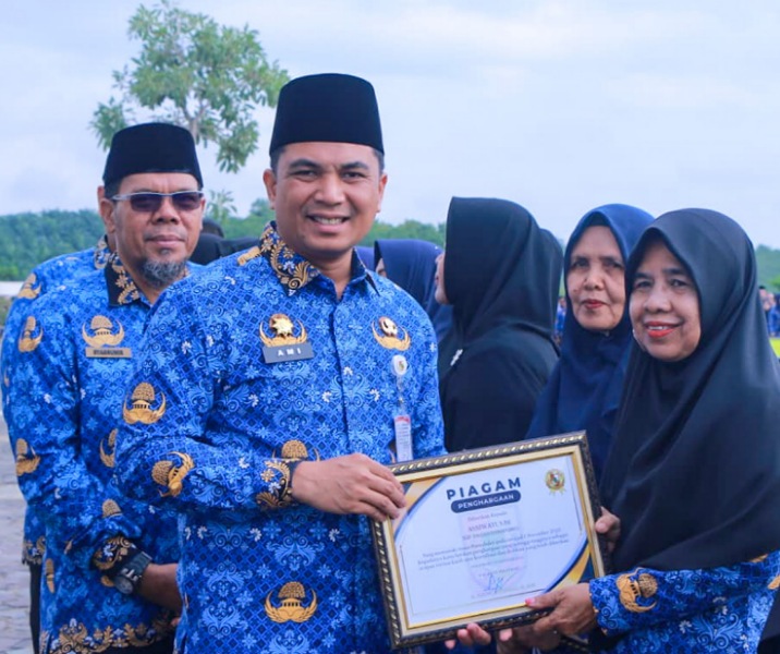 Pj Sekdako Pekanbaru Zulhelmi Arifin menyerahkan penghargaan kepada ASN yang akan pensiun. Foto: Istimewa.