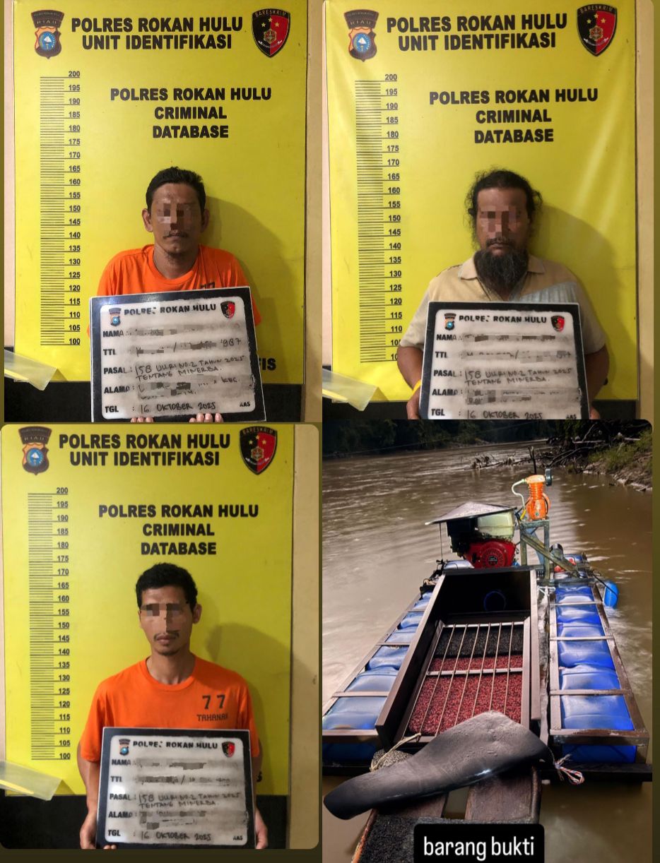 Polres Rokan Hulu Tangkap Tiga Penambang Emas Ilegal di Sungai Rokan