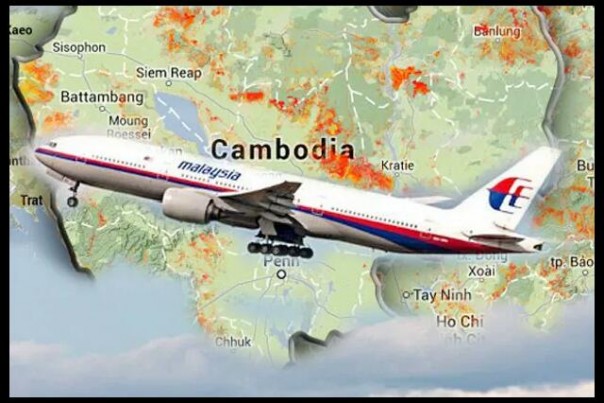 Ilustrasi pesawat Malaysia Airlines MH 370 di Hutan Kamboja. 