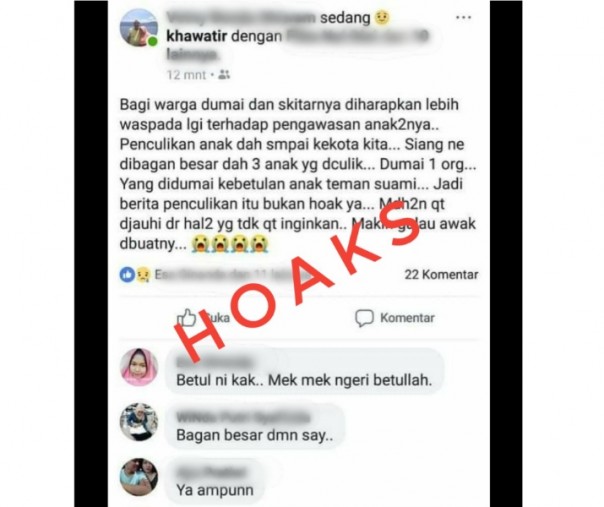 Postingan Fe di akun Facebook miliknya terkait info hoaks penculikan anak.