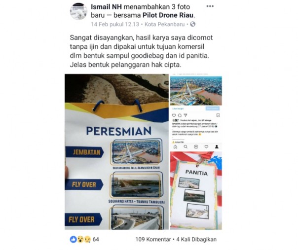 Postingan Ismail pada akun Facebook miliknya terkait foto pada Goodie bag dan ID panitia 
