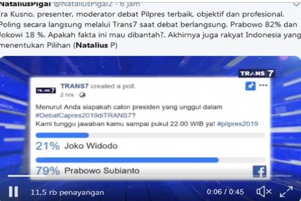 Ini penampakan Hasil Polling Trans7 usai Debat Capres, Minggu malam lalu. 