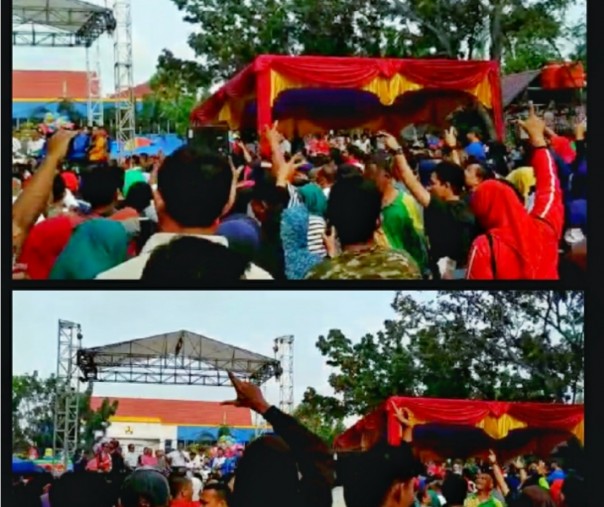 Ada salam 2 jari dari massa saat Luhut Binsar Panjaitan berpidato disela-sela kegiatannya di Kota Pekanbaru, pada Minggu.