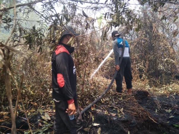 Regu pemadam terlihat tengah menjinakan api di dalam kawasas gambut, Kecamatan Rangsang, Kepulauan Meranti