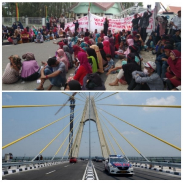 Aksi ratusan masyarakat Desa Koto Aman Kampar di Gedung DPRD Riau (atas) dan dibukanya akses Jembatan Siak IV (bawah) (foto: barkah/riau1.com)
