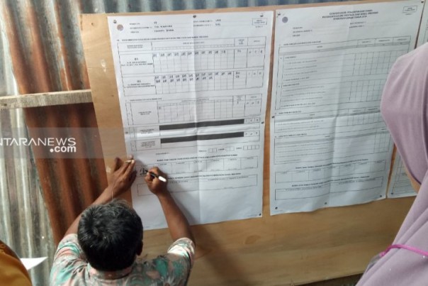 Hasil perhitungan suara Form Model C1 di TPS 02 Desa Lolu, Kecamatan Sigi Biromoru, Kabupaten Sigi, Sulteng. 