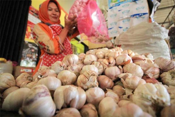 Ilustrasi seorang pedagang bawang putih impor di sebuah pasar di Aceh. 