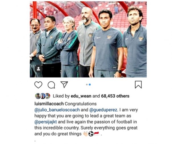 Tulisan Mantan Pelatih Timnas Indonesia U-23, Luis Milla di akun media sosial Instagramnya (Foto: Zar/Riau1.com)