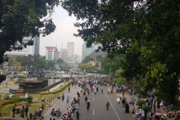 Massa sudah berdatangan di Patung Arjuna Wijaya, Jakarta Pusat, Rabu. 
