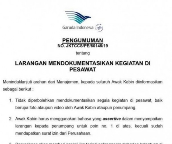 Surat Larangan Memotret di dalam Pesawat Garuda Indonesia. Foto: Istimewa.