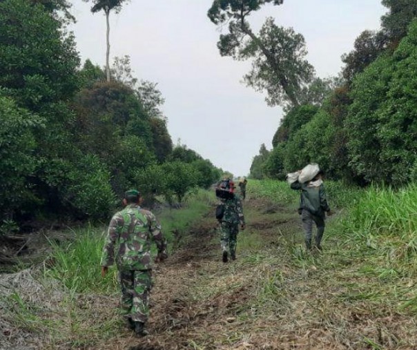 Babinsa Pangkalan Kuras saat berjalan kaki ke lokasi kebakaran hutan TNTN, Sabtu (27/7/2019). Foto: Istimewa.