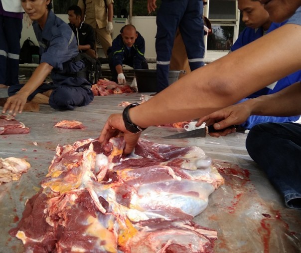 Tukang jagal saat memotong daging kurban di kantor wali kota Pekanbaru, Selasa (13/8/2019). Foto: Surya/Riau1.