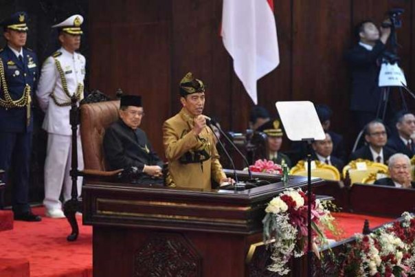 Presiden Joko Widodo saat pidato di Sidang Paripurna DPR dan DPD RI, Jumat. 