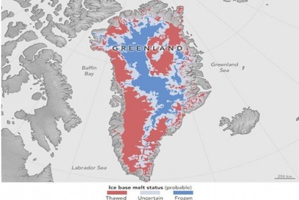 Ini peta penampakan pencairan es dasar di Pulau Greenland antara tahun 1993-2013. 