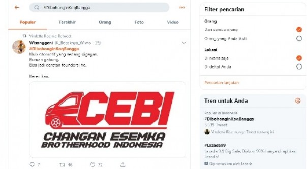 Tagar #DibohonginKoqBangga trending di Twitter
