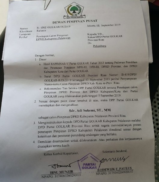 Surat penunjukan Adi Sukemi sebagai Ketua DPRD Pelalawan