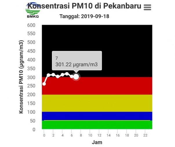 Konsentrasi PM10 di Kota Pekanbaru pada level berbahaya, Rabu pagi seperti tertera pada website bmkg.go.id