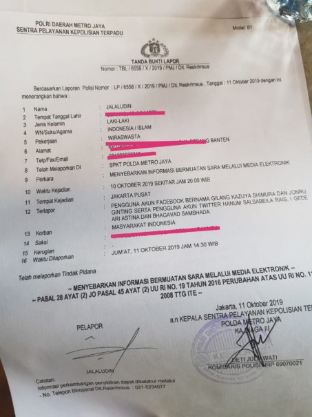 Ini surat Laporan Kepolisian oleh Jalaludin terhadap Hanum Rais, Jonru  Ginting, Jerinx dll atas penusukan Wiranto. 