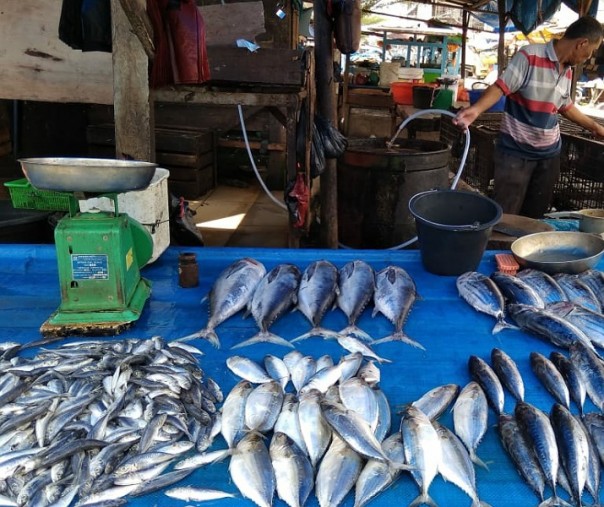 Pedagang ikan di Pasar Agus Salim menggunakan timbangan sesuai aturan yang terbuat dari besi. Foto: Surya/Riau1.