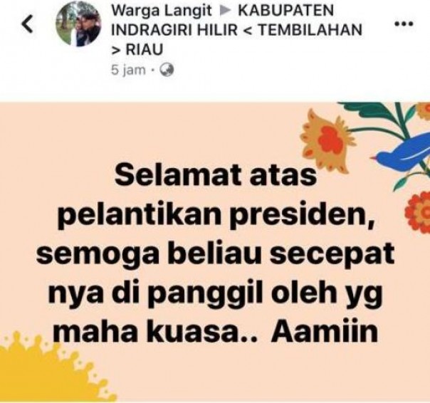 Status facebook salah seorang warga Inhil yang diduga menghina Jokowi