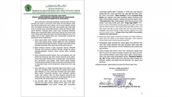 Imbauan MUI Jawa Timur kepada pejabat muslim  soal tak perlu mengucapkan salam agama lain dalam pembukaan acara resmi. 