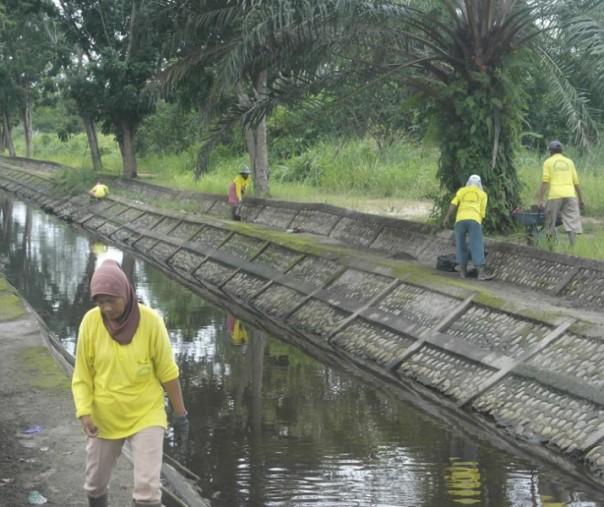 Para pekerja Dinas PUPR Pekanbaru sedang membersikan drainase di Jalan Parit Indah. Foto: Surya/Riau1.