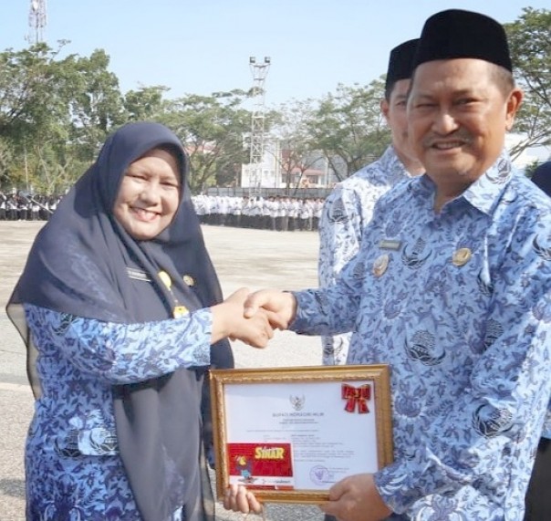 Beti Hasniati saat menerima piagam penghargaan dari Wabup Inhil