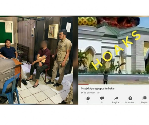 Foto kiri saat tersangka diperiksa di kantor Krimsus Polda Riau. Foto kanan, tangkapan layar akun youtube IS yang menulis masjid agung Papua terbakar.