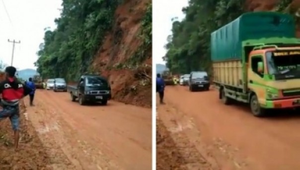 Kondisi jalan yang putus akibat longsor di Pangkalan, sudah bisa dilalui