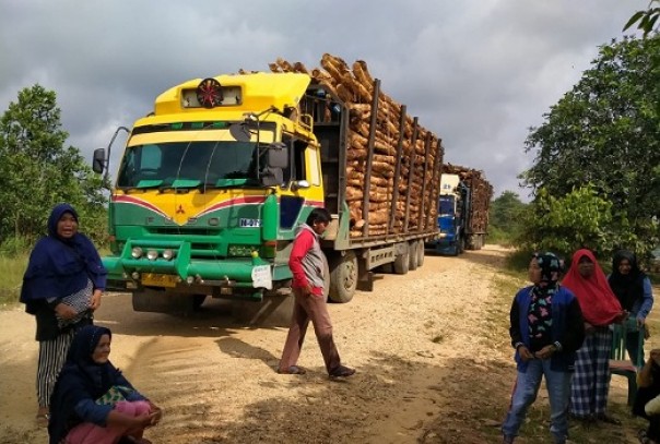 Sejumlah karyawan menghadang truk kayu balak milik PT DKS