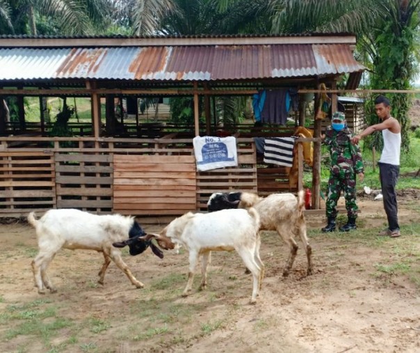 Babinsa Air Panas Pelda Mardianto saat berbincang dengan Juni, peternak kambing, Senin (1/5/2020). Foto: Istimewa.