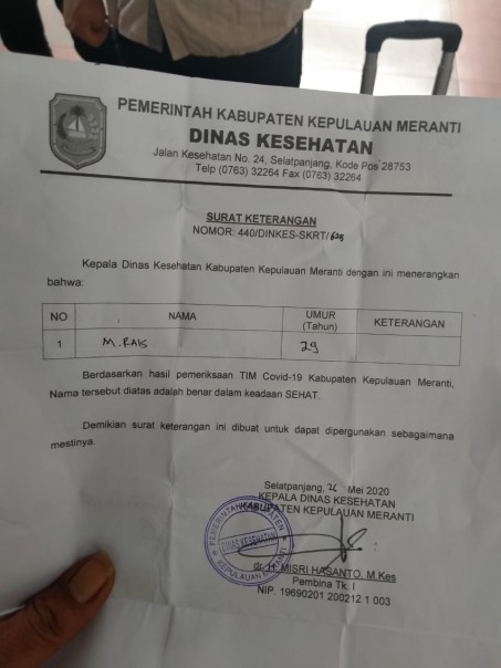 Contoh surat kesehatan yang dikeluarkan Dinkes Meranti