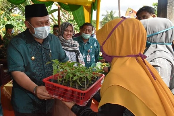 Bupati Kampar, Catur Sugeng Susanto menyerahkan bibit sayuran kepada kelompok tani saat pencanangan program OCU Mapan di Kelurahan Langgini