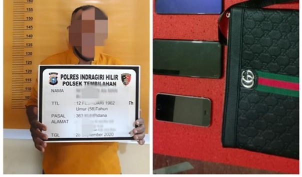 Pelaku dan barang bukti yang diamankan di Polsek Tembilahan