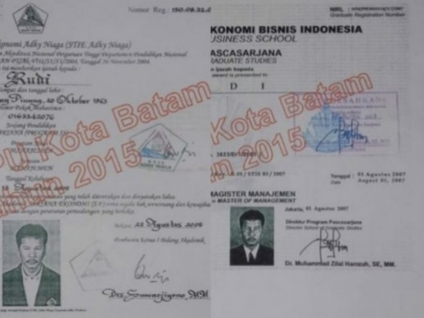 Ijazah Walikota Batam petahana M Rudi yang menjadi arsip KPU pada Pilwako Batam 2015.(suryakepri.com/ist)