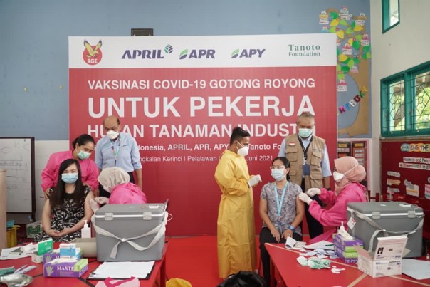 Karyawan RAPP mendapatkan suntikan pertama vaksinasi COVID-19 mandiri atau Vaksinasi Gotong Royong, yang berlokasi di Sekolah Mutiara Harapan (SMH) Riau Kompleks, Pangkalan Kerinci, Pelalawan, Kamis, (3/6/2021).