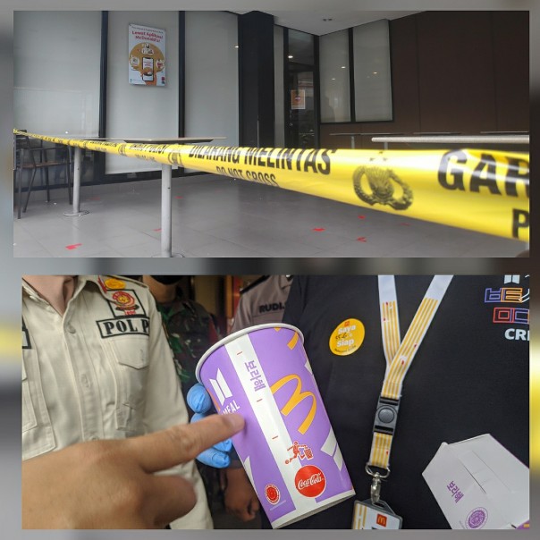 Foto atas tampak garis polisi di bangunan Mc Donald's. Foto bawah adalah produk yang ditawarkan hingga memicu kerumunan. 