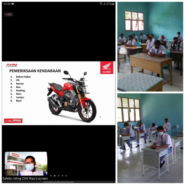 Instruktur Safety Riding Capella Honda Riau, Steven Vhs saat menggelar webinar safety riding diikuti puluhan siswa SMKN 4 Dumai