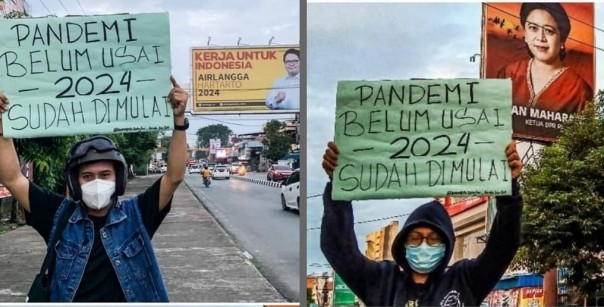 Warga Bentang Spanduk Berlatar Belakang Baliho Puan Maharani dan Airlangga Hartarto (foto/int)