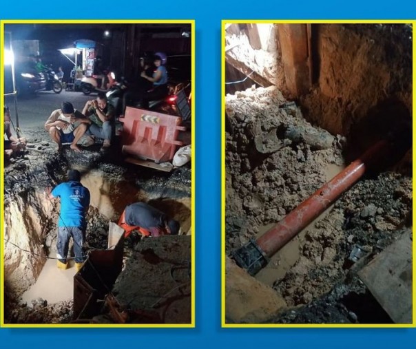 Pekerja dari PDAM Tirta Siak Pekanbaru saat memperbaiki kebocoran pipa di Jalan Juanda, Kecamatan Senapelan. Foto: Istimewa.