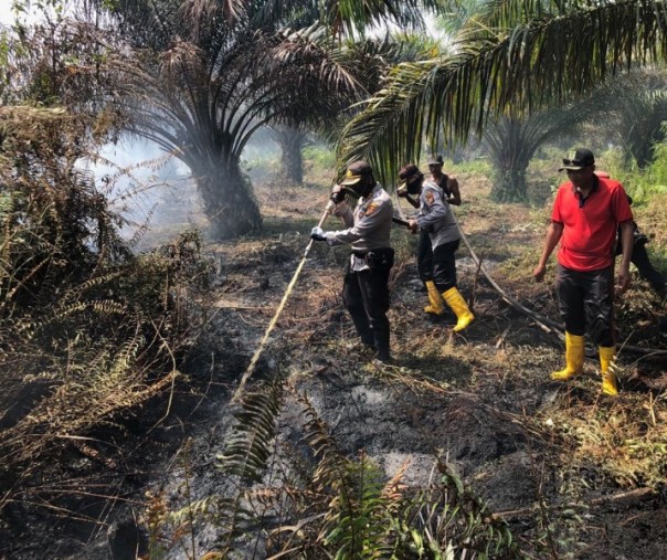 Kapolres Rohil dan jajarannya, melakukan pemadaman di lahan yang terbakar.