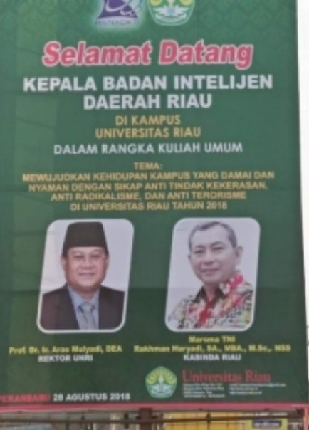 Baliho acara kuliah umum oleh Kabinda Riau di Unri