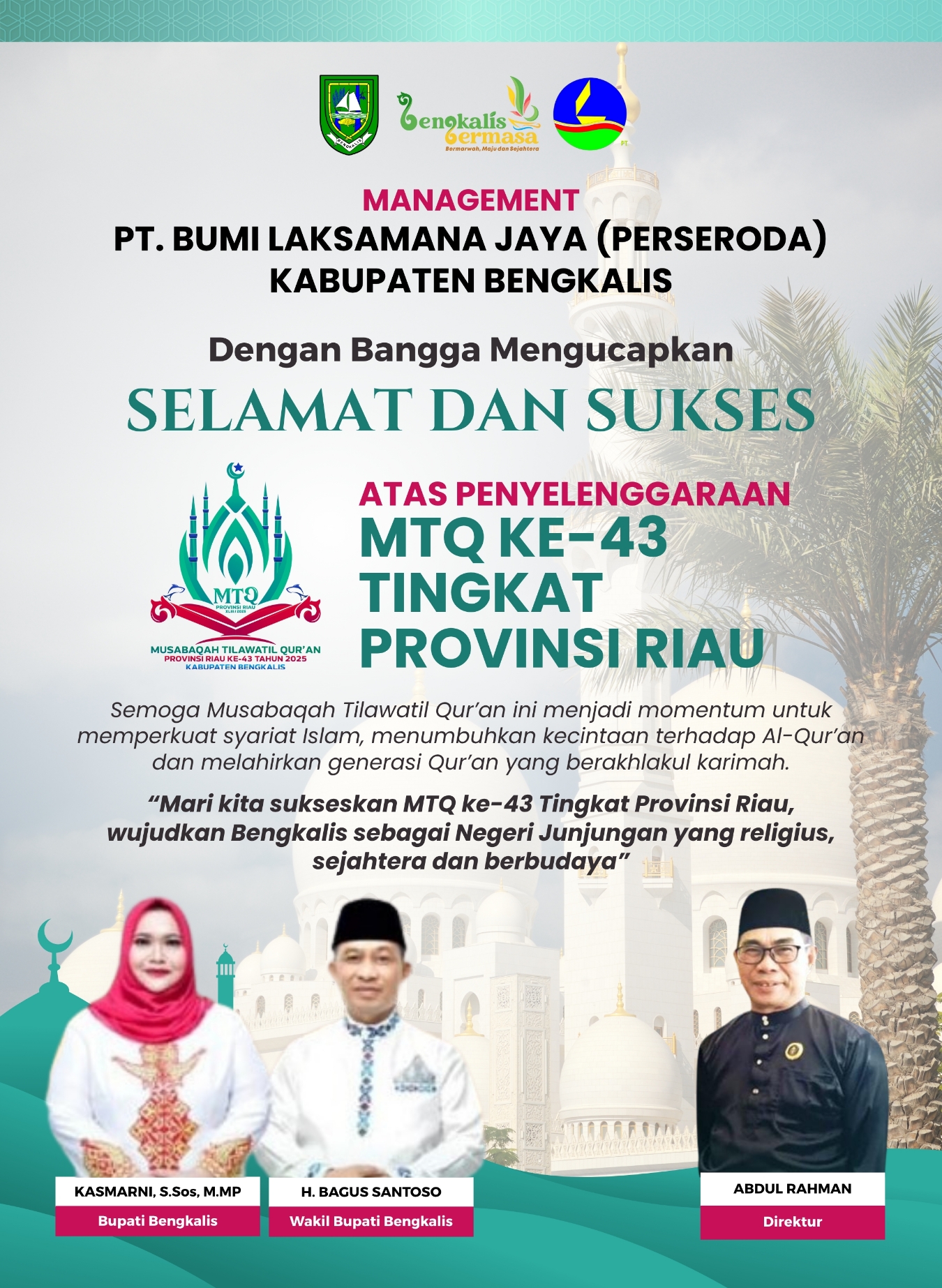 PT. BUMI LAKSAMANA JAYA Bengkalis - Ucapan MTQ 2025 Provinsi Riau